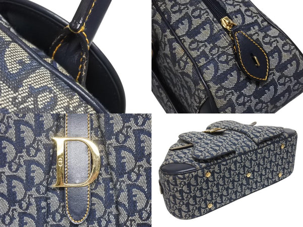 Christian Dior クリスチャンディオール ダブルサドルバッグ トロッター キャンバス レザー ネイビー ゴールド金具 美品 中古 4b005453