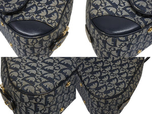 Christian Dior クリスチャンディオール ダブルサドルバッグ トロッター キャンバス レザー ネイビー ゴールド金具 美品 中古 4b005453