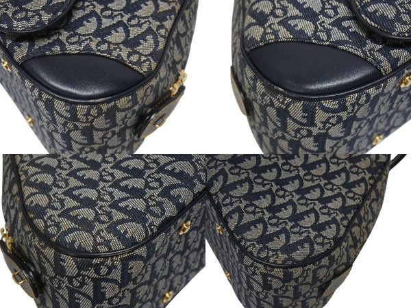 Christian Dior クリスチャンディオール ダブルサドルバッグ トロッター キャンバス レザー ネイビー ゴールド金具 美品 中古 4b005453