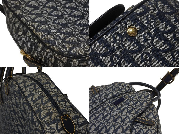 Christian Dior クリスチャンディオール ダブルサドルバッグ トロッター キャンバス レザー ネイビー ゴールド金具 美品 中古 4b005453