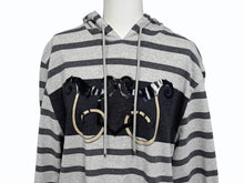 画像をギャラリービューアに読み込む, HERMES エルメス プルオーバーフーディー パーカー サイズ34 プリント グレー ボーダー柄 ロング丈 美品 中古 4b005539