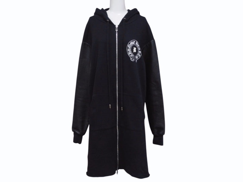 CHROME HEARTS × Bella Hadid クロムハーツ ベラハディッド イニシャルパッチロゴ ダガージップ レザー切り替えロング丈パーカー ブラック サイズXS 美品 中古 4b005693