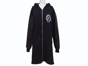 CHROME HEARTS × Bella Hadid クロムハーツ ベラハディッド イニシャルパッチロゴ ダガージップ レザー切り替えロング丈パーカー ブラック サイズXS 美品 中古 4b005693