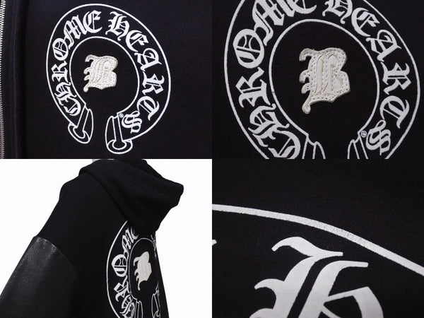 CHROME HEARTS × Bella Hadid クロムハーツ ベラハディッド イニシャルパッチロゴ ダガージップ レザー切り替えロング丈パーカー ブラック サイズXS 美品 中古 4b005693