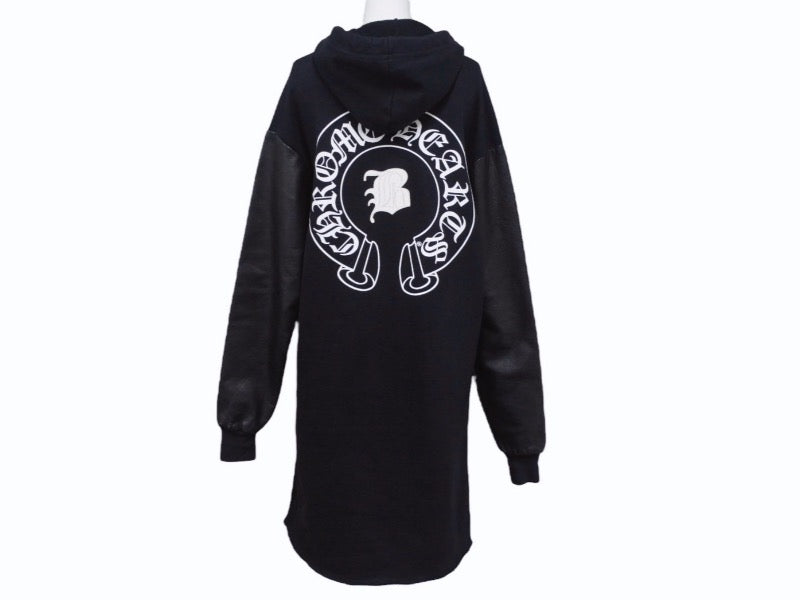CHROME HEARTS × Bella Hadid クロムハーツ ベラハディッド イニシャルパッチロゴ ダガージップ レザー切り替えロング丈パーカー ブラック サイズXS 美品 中古 4b005693