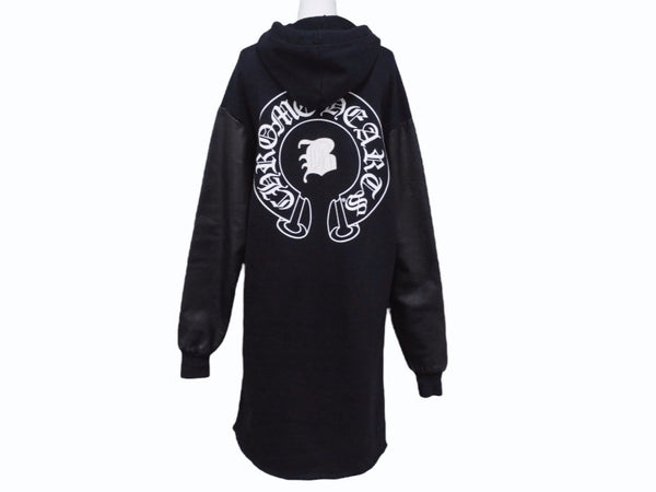 CHROME HEARTS × Bella Hadid クロムハーツ ベラハディッド イニシャルパッチロゴ ダガージップ レザー切り替えロング丈パーカー ブラック サイズXS 美品 中古 4b005693