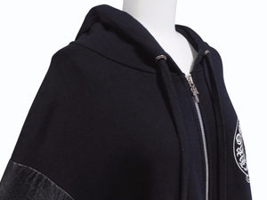 CHROME HEARTS × Bella Hadid クロムハーツ ベラハディッド イニシャルパッチロゴ ダガージップ レザー切り替えロング丈パーカー ブラック サイズXS 美品 中古 4b005693