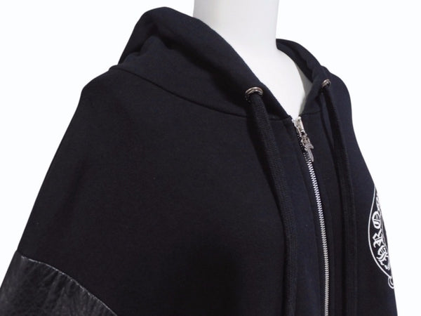 CHROME HEARTS × Bella Hadid クロムハーツ ベラハディッド イニシャルパッチロゴ ダガージップ レザー切り替えロング丈パーカー ブラック サイズXS 美品 中古 4b005693
