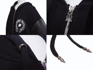 CHROME HEARTS × Bella Hadid クロムハーツ ベラハディッド イニシャルパッチロゴ ダガージップ レザー切り替えロング丈パーカー ブラック サイズXS 美品 中古 4b005693