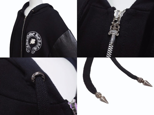 CHROME HEARTS × Bella Hadid クロムハーツ ベラハディッド イニシャルパッチロゴ ダガージップ レザー切り替えロング丈パーカー ブラック サイズXS 美品 中古 4b005693