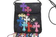 Load image into Gallery viewer, 極美品 CHROME HEARTS クロムハーツ スクエア クロスポシェット フリンジ ショルダーバッグ セメタリー クロスパッチ マルチカラー ブラック 中古 4b005793