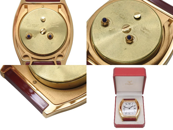 極美品 CARTIER カルティエ Tortue トーチュ 置時計 重量約336.0g 白文字盤 クォーツ ゴールド ボルドー スイス製 中古 4b005829