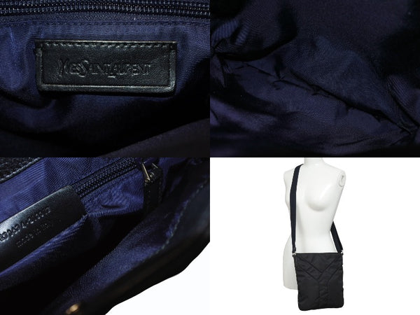 極美品 YVES SAINT LAURENT イヴサンローラン ナイロン ショルダーバッグ ブラック ブラック ネイビー 273674.213317 シルバー金具 中古 4b005839