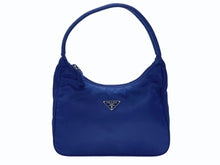 画像をギャラリービューアに読み込む, 極美品 PRADA プラダ ホーボー ハンドバッグ トライアングルロゴ 三角プレートロゴ ブルー ナイロン シルバー金具 イタリア製 中古 4b005840