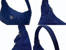 画像をギャラリービューアに読み込む, 極美品 PRADA プラダ ホーボー ハンドバッグ トライアングルロゴ 三角プレートロゴ ブルー ナイロン シルバー金具 イタリア製 中古 4b005840