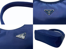 画像をギャラリービューアに読み込む, 極美品 PRADA プラダ ホーボー ハンドバッグ トライアングルロゴ 三角プレートロゴ ブルー ナイロン シルバー金具 イタリア製 中古 4b005840