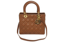 Load image into Gallery viewer, Christian Dior クリスチャンディオール LADY DIOR レディディオール ミディアム 2WAYハンドバッグ ラムスキン カナージュ ブラウン 美品 中古 4b005853