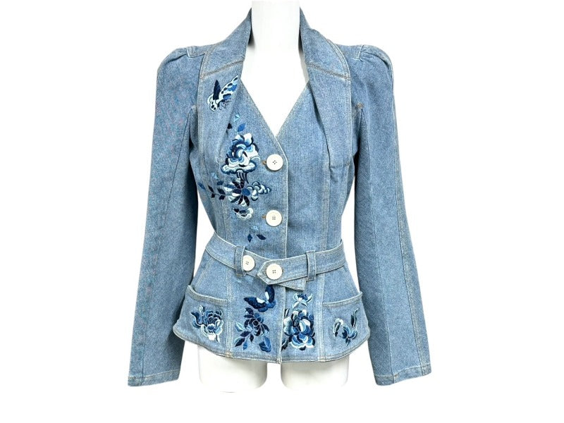CHRISTIAN DIOR BOUTIQUE Christian Dior Floral Butterfly Embroidery Jacket 5A12022240 Denim Blue Size 36 Good Condition Used 4b005872