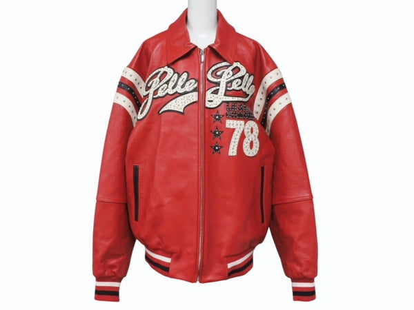 極美品 pellepelle ペレペレ ENCRUSTED VARSITY PLUSH レザージャケット YZERR私物 322-37462 サイズM レッド ラインストーン 中古 4b005893