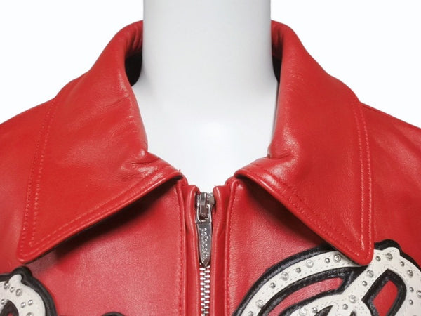 極美品 pellepelle ペレペレ ENCRUSTED VARSITY PLUSH レザージャケット YZERR私物 322-37462 サイズM レッド ラインストーン 中古 4b005893