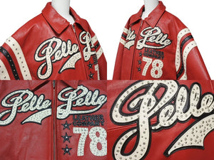 極美品 pellepelle ペレペレ ENCRUSTED VARSITY PLUSH レザージャケット YZERR私物 322-37462 サイズM レッド ラインストーン 中古 4b005893