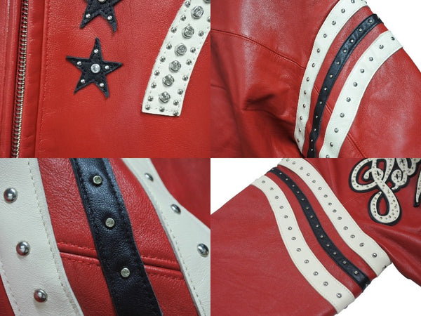 極美品 pellepelle ペレペレ ENCRUSTED VARSITY PLUSH レザージャケット YZERR私物 322-37462 サイズM レッド ラインストーン 中古 4b005893