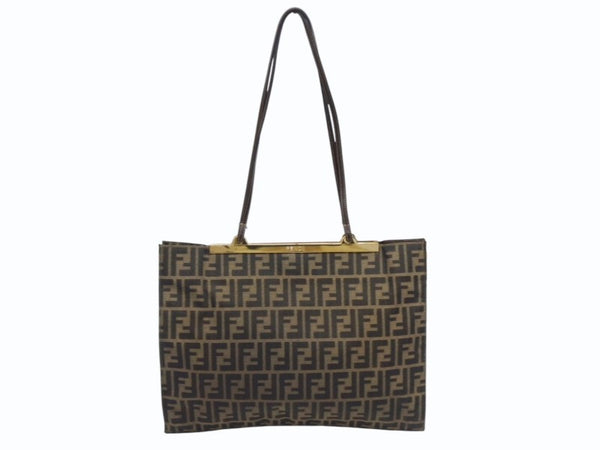 FENDI フェンディ ショルダーバッグ トートバッグ ズッカ柄 キャンバス ブラウン ゴールド金具 美品 中古 4b005927
