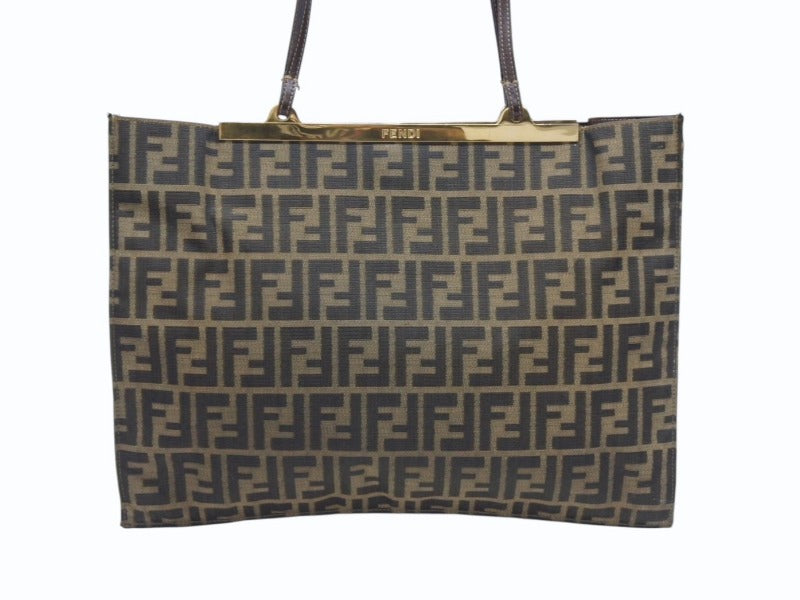 FENDI フェンディ ショルダーバッグ トートバッグ ズッカ柄 キャンバス ブラウン ゴールド金具 美品 中古 4b005927