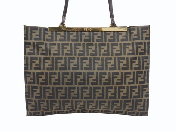 FENDI フェンディ ショルダーバッグ トートバッグ ズッカ柄 キャンバス ブラウン ゴールド金具 美品 中古 4b005927