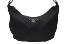 画像をギャラリービューアに読み込む, PRADA プラダ ホーボー ワンショルダーバッグ ハンドバッグ トライアングルロゴ BR3291 ナイロン レザー ブラック シルバー金具 美品 中古 4b005934