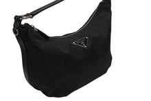 画像をギャラリービューアに読み込む, PRADA プラダ ホーボー ワンショルダーバッグ ハンドバッグ トライアングルロゴ BR3291 ナイロン レザー ブラック シルバー金具 美品 中古 4b005934