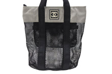 Load image into Gallery viewer, CHANEL シャネル スポーツライン ココマーク メッシュ トートバッグ キャンバス ブラック グレー 美品 中古 4b005987