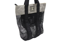 Load image into Gallery viewer, CHANEL シャネル スポーツライン ココマーク メッシュ トートバッグ キャンバス ブラック グレー 美品 中古 4b005987