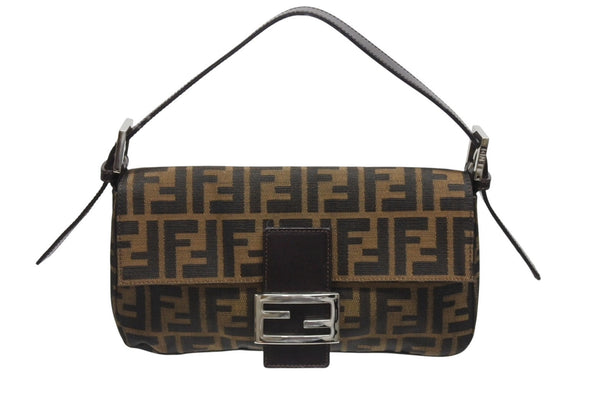 極美品 FENDI フェンディ マンマバケット ワンショルダーバッグ 26424 ズッカ柄 キャンバス レザー ブラウン シルバー金具 中古 4b006013
