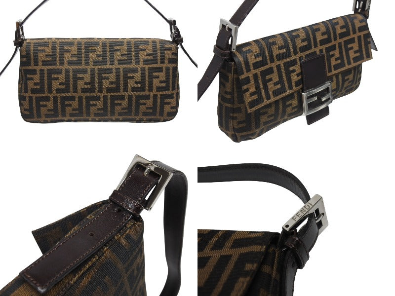 極美品 FENDI フェンディ マンマバケット ワンショルダーバッグ 26424 ズッカ柄 キャンバス レザー ブラウン シルバー金具 中古 4b006013