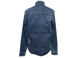 極美品 CHROME HEARTS クロムハーツ 長袖デニムシャツ サイズXL クロスボール クロスパッチ デニム ブルー コットン シルバー925 中古 4b006174