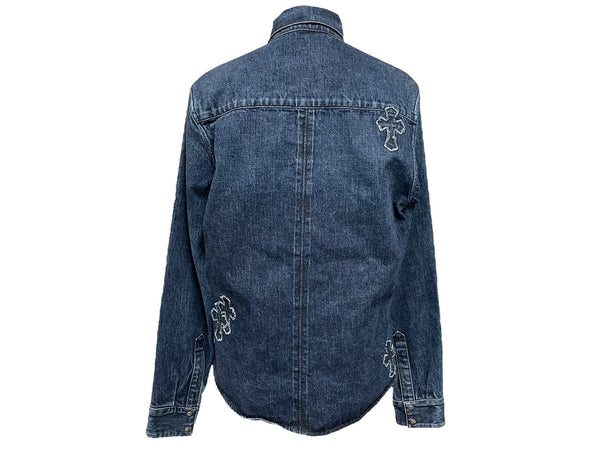 極美品 CHROME HEARTS クロムハーツ 長袖デニムシャツ サイズXL クロスボール クロスパッチ デニム ブルー コットン シルバー925 中古 4b006174