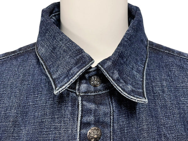 極美品 CHROME HEARTS クロムハーツ 長袖デニムシャツ サイズXL クロスボール クロスパッチ デニム ブルー コットン シルバー925 中古 4b006174