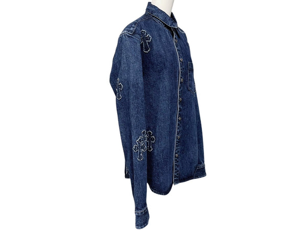 極美品 CHROME HEARTS クロムハーツ 長袖デニムシャツ サイズXL クロスボール クロスパッチ デニム ブルー コットン シルバー925 中古 4b006174