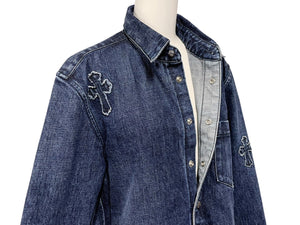 極美品 CHROME HEARTS クロムハーツ 長袖デニムシャツ サイズXL クロスボール クロスパッチ デニム ブルー コットン シルバー925 中古 4b006174