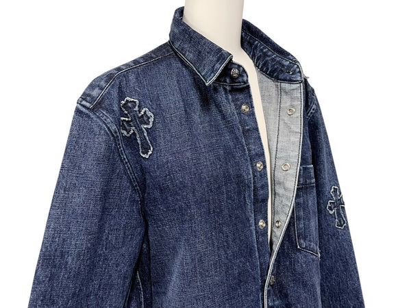 極美品 CHROME HEARTS クロムハーツ 長袖デニムシャツ サイズXL クロスボール クロスパッチ デニム ブルー コットン シルバー925 中古 4b006174