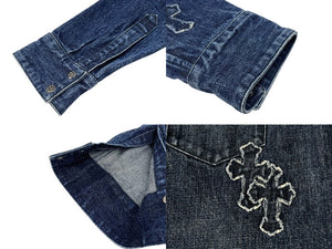 極美品 CHROME HEARTS クロムハーツ 長袖デニムシャツ サイズXL クロスボール クロスパッチ デニム ブルー コットン シルバー925 中古 4b006174