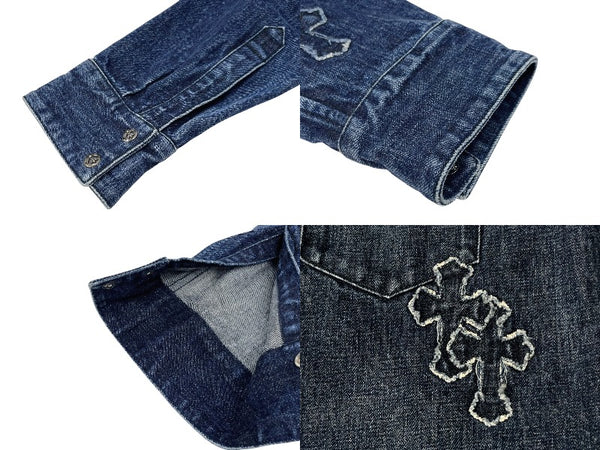 極美品 CHROME HEARTS クロムハーツ 長袖デニムシャツ サイズXL クロスボール クロスパッチ デニム ブルー コットン シルバー925 中古 4b006174
