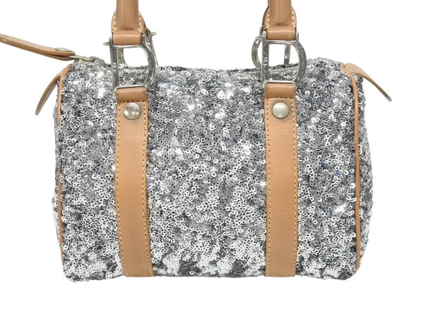 CHRISTIAN DIOR クリスチャンディオール ミニボストンバッグ ハンドバッグ PZ O401 スパンコール レザー シルバー 美品 中古 4b006207