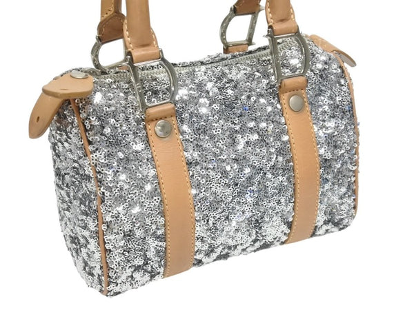 CHRISTIAN DIOR クリスチャンディオール ミニボストンバッグ ハンドバッグ PZ O401 スパンコール レザー シルバー 美品 中古 4b006207