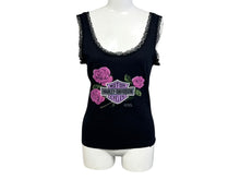 画像をギャラリービューアに読み込む, HARLEY DAVIDSON ハーレーダビッドソン タンクトップ ロゴ 薔薇 ポリエステル コットン ブラック ピンク 美品 中古 4b006220