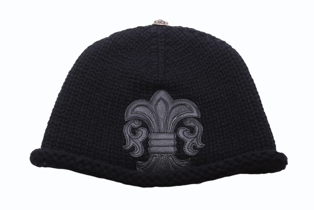Very Good Condition CHROME HEARTS BS Flare Leather Patch Knit Cap BS Flare Button Beanie Cashmere Black ONE SIZE Used 4b006255