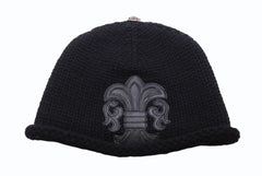極美品 CHROME HEARTS クロムハーツ BSフレア レザーパッチ ニットキャップ BSフレア ボタン ビーニー カシミヤ ブラック ONE SIZE 中古 4b006255