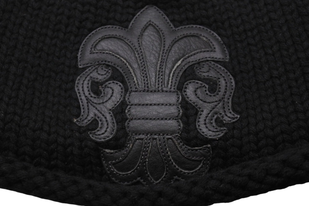 Very Good Condition CHROME HEARTS BS Flare Leather Patch Knit Cap BS Flare Button Beanie Cashmere Black ONE SIZE Used 4b006255