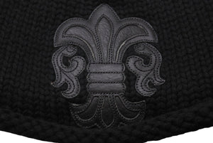 極美品 CHROME HEARTS クロムハーツ BSフレア レザーパッチ ニットキャップ BSフレア ボタン ビーニー カシミヤ ブラック ONE SIZE 中古 4b006255